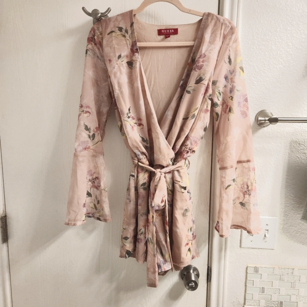 Guess Darla Romper Wrap Jumpsuit Pink Floral Sheer Mauve Small